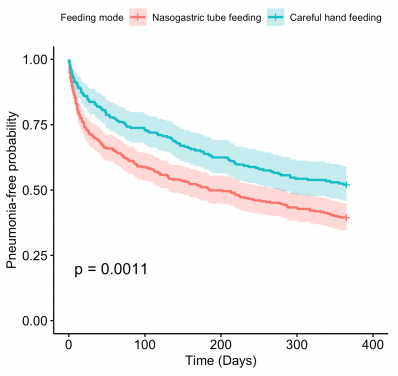 A HKUMed study found that there is little difference in one-year survival probability among advanced dementia patients on nasogastric tube feeding or careful hand feeding (125 days versus 145 days, Graph 1). But those on nasogastric tube feeding have a lower pneumonia-free survival probability compared with those on careful hand feeding (Graph 2).
 